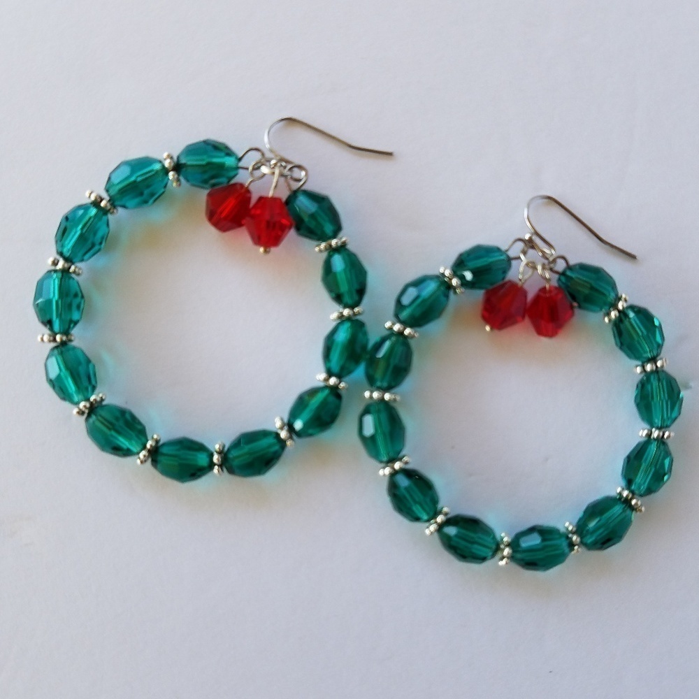 Hand Crafted Christmas Wreath Pierced Earrings Green Red Crystals Hoop Dangle